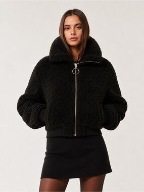 Black Sherpa Teddy Zip Jacket Cropped Cozy Plush Coat M